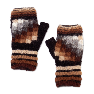 100% Alpaca Geometric Fingerless Mitts Hand-Knitted in Peru