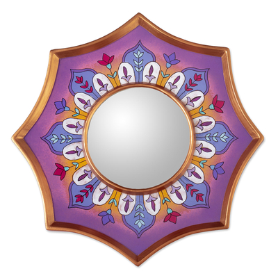 Reverse painted glass mirror, 'Lilac Star' - Lilac Floral Star Reverse Painted Glass Mirror 