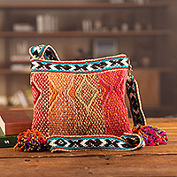 Bolso de hombro de lana, 'Viaje Andino' - Bolso de hombro tradicional de lana tejido a mano con borlas vibrantes