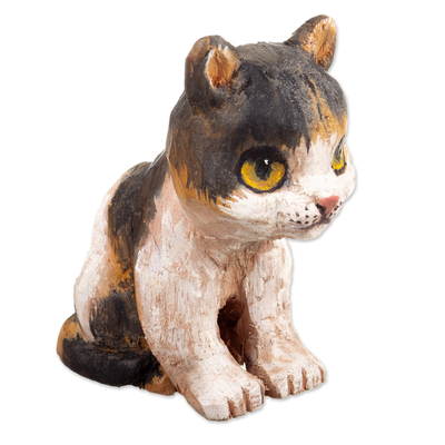 Wood sculpture, 'Inquisitive Cat' - Cedar Wood Cat Sculpture Carved and Painted by Hand in Peru