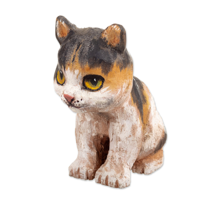 Wood sculpture, 'Inquisitive Cat' - Cedar Wood Cat Sculpture Carved and Painted by Hand in Peru
