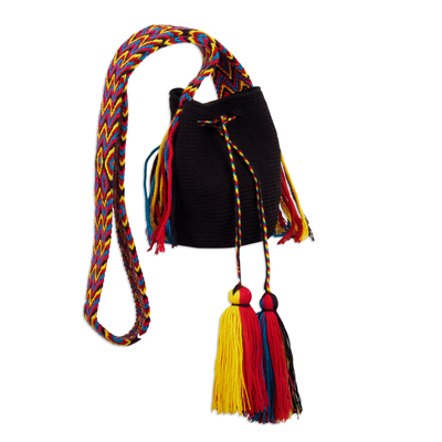 Crocheted Sling Bag in Black with Tassels from Colombia