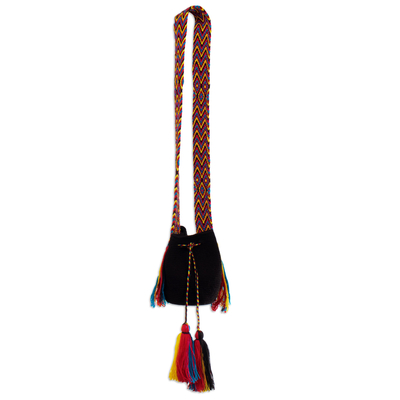 Crocheted sling bag, 'Wayuu Charm' - Crocheted Sling Bag in Black with Tassels from Colombia