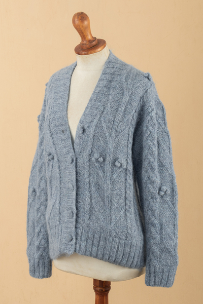 Alpaca blend cardigan, 'Aurelia' - Cable Knit Alpaca Blend Cardigan in Light Blue from Peru
