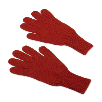 100% baby alpaca gloves, 'Sundown' - Unisex Orange Gloves Hand-Knit from 100% Baby Alpaca in Peru