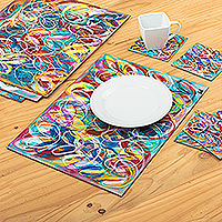 Hand-painted placemats and coasters, 'Springtime Hearts' (set for 4) - 8-Piece Hand-Painted Placemat & Coaster Set with Heart Motif