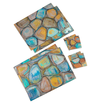 Hand-painted placemats and coasters, 'Turquoise Energy' (set for 4) - 8-Piece Hand-Painted Placemat & Coaster Set from Peru