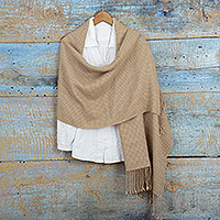 100% baby alpaca shawl, 'Tweed Inspiration' - Brown & Beige Fringed Shawl Hand-Woven in 100% Baby Alpaca