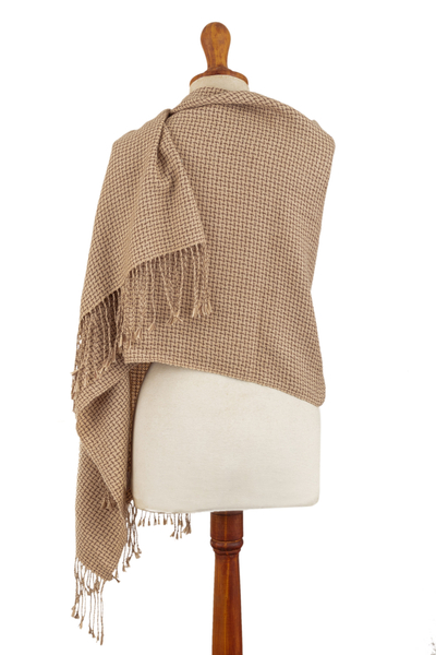 100% baby alpaca shawl, 'Tweed Inspiration' - Brown & Beige Fringed Shawl Hand-Woven in 100% Baby Alpaca
