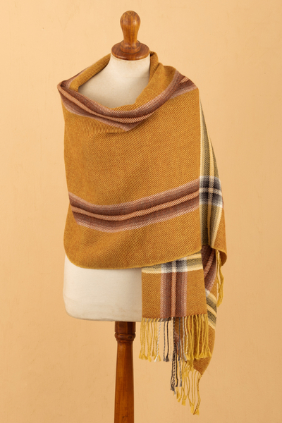 100% baby alpaca shawl, 'Dakota' - Fringed & Striped Ochre Shawl Hand-Woven in 100% Baby Alpaca