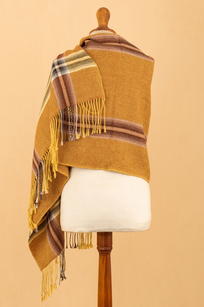 schal aus 100 % Baby-Alpaka, „Dakota“ – ockerfarbener Schal mit Fransen und Streifen, handgewebt aus 100 % Baby-Alpaka