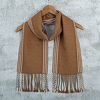 100% baby alpaca scarf, 'Warmth' - Striped & Fringed Brown Scarf Hand-Woven in 100% Baby Alpaca