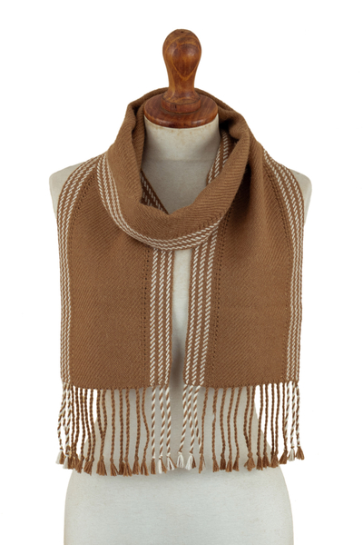 Striped & Fringed Brown Scarf Hand-Woven in 100% Baby Alpaca