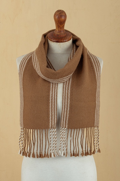 schal aus 100 % Baby-Alpaka - Brauner Schal mit Streifen und Fransen, handgewebt aus 100 % Baby-Alpaka