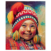 'Cusco Boy II' - Retrato al óleo firmado estirado de un niño de Perú