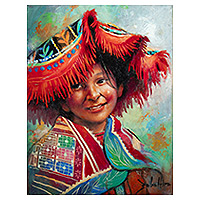 'Cusco Girl II' - Retrato al óleo firmado de niña en ropa tradicional
