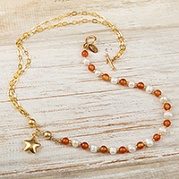 Gold-plated carnelian and cultured pearl beaded necklace, 'Treasure of Love' - 18k Gold-Plated Beaded Necklace with Carnelian and Pearls