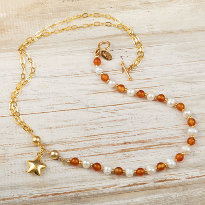 Gold-plated carnelian and cultured pearl beaded necklace, Treasure of Love