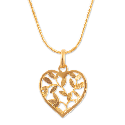 Gold-plated filigree pendant necklace, 'Flourishing Passion' - 18k Gold-Plated Leafy Heart-Shaped Pendant Necklace