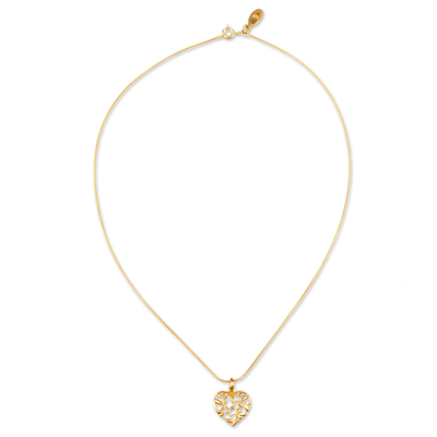 Gold-plated filigree pendant necklace, 'Flourishing Passion' - 18k Gold-Plated Leafy Heart-Shaped Pendant Necklace
