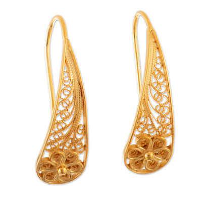 Gold-plated filigree drop earrings, 'Golden Blossoming Dewdrops' - Handcrafted 24k Gold-Plated Floral Filigree Drop Earrings