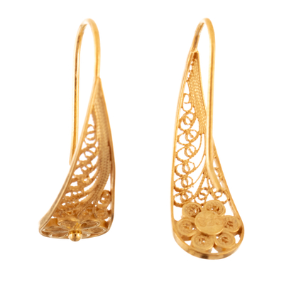 Pendientes colgantes de filigrana bañados en oro - Aretes colgantes hechos a mano con filigrana floral enchapados en oro de 24k