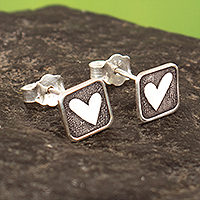 Sterling silver stud earrings, 'Heart Stamp' - Heart-Themed Geometric Sterling Silver Stud Earrings