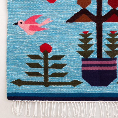 Wandteppich aus Woll- und Baumwollmischung - Handgewebter Wandteppich aus blauer Wolle und Baumwollmischung mit Vogelmotiv