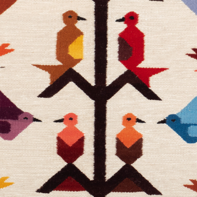 Wandteppich aus Woll- und Baumwollmischung - Handgewebter Wandteppich aus elfenbeinfarbener Wolle und Baumwollmischung mit Vogelmotiv