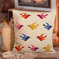 Funda de cojín de lana, 'Chanting Birds' - Funda de cojín de lana marfil con temática de pájaros y detalles coloridos