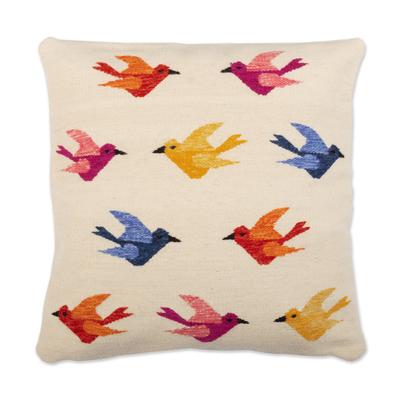 Wool cushion cover, 'Chanting Birds' - Bird-Themed Ivory Wool Cushion Cover with Colorful Details