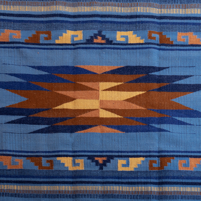 Alfombra de lana, (4x6) - Alfombra de lana tejida a mano en azul con motivos geométricos (4x6)