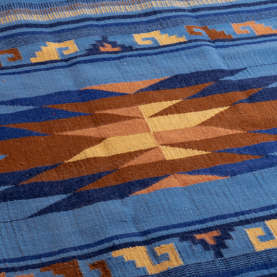 Wollteppich, (4x6) - Handgewebter Wollteppich in Blau mit geometrischen Motiven (4x6)