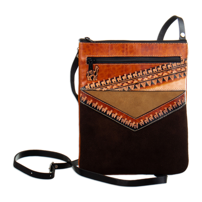 Handcrafted Leather-Accented Suede Sling with Llama Motifs