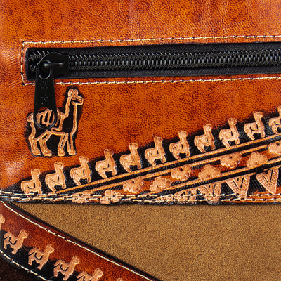 Leather-accented suede sling, 'Andean Procession' - Handcrafted Leather-Accented Suede Sling with Llama Motifs