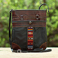 Wool-accented leather sling, 'Andean Dame' - Handcrafted Brown and Black Leather Sling with Wool Accent