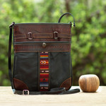 Wool-accented leather sling, 'Andean Dame' - Handcrafted Brown and Black Leather Sling with Wool Accent