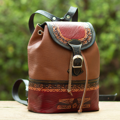Leather backpack, 'Andean Traditions' - Handmade Leather Backpack with Traditional Embossed Motifs