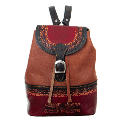 Leather backpack, 'Andean Traditions' - Handmade Leather Backpack with Traditional Embossed Motifs