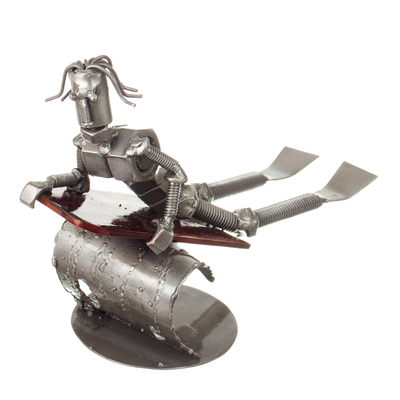 Recycled metal statuette, 'Oceanic Mission' - Eco-Friendly Recycled Metal Statuette of Lifeguard from Peru