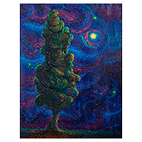 'Tree Facing the Night' - Unstretched Acrylic Expressionist Painting of Tree at Night