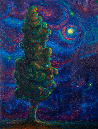 'Tree Facing the Night' - Pintura expresionista acrílica sin estirar de árbol en la noche