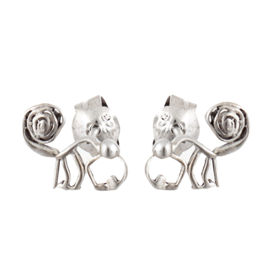 Sterling silver button earrings, 'Nazca Ape' - Nazca Sterling Silver Button Earrings with Monkey Icon