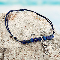 Lapis lazuli beaded pendant anklet, 'Royal Seahorse' - Lapis Lazuli Beaded Pendant Anklet with Seahorse Charm