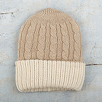 Reversible 100% alpaca hat, 'Warm and Snuggly' - Reversible 100% Alpaca Cable Knit Hat in Ivory and Beige