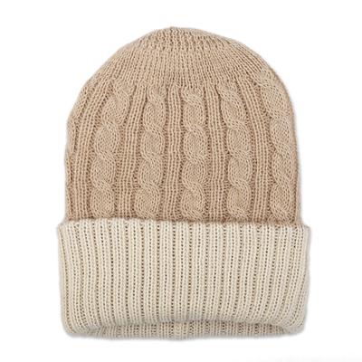 Reversible 100% Alpaca Cable Knit Hat in Ivory and Beige