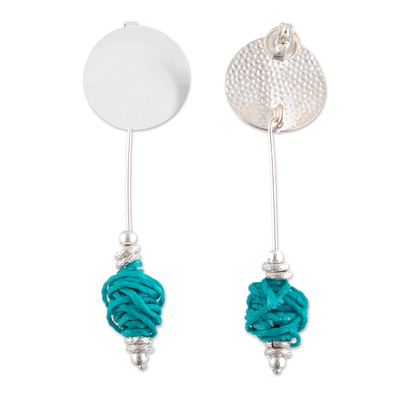 Sterling silver drop earrings, 'Refreshing Ties' - Sterling Silver Drop Earrings with Turquoise Nylon Cords