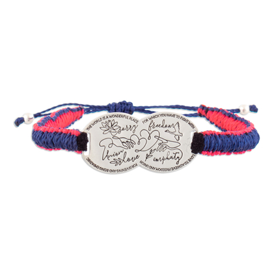 Sterling silver macrame pendant bracelet, 'Immeasurable Love' - Macrame Bracelet with Peace Pendant in Red & Blue from Peru