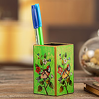 Reverse-painted wood pen holder, 'Spring Prairies' - Bird-Themed Reverse-Painted Wood Pen Holder in Green