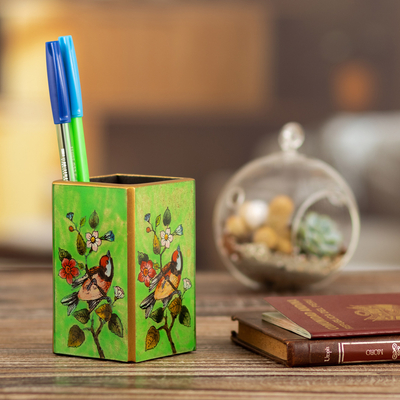 Stifthalter aus rückseitig lackiertem Holz - Stifthalter aus rückseitig bemaltem Holz mit Vogelmotiv in Grün